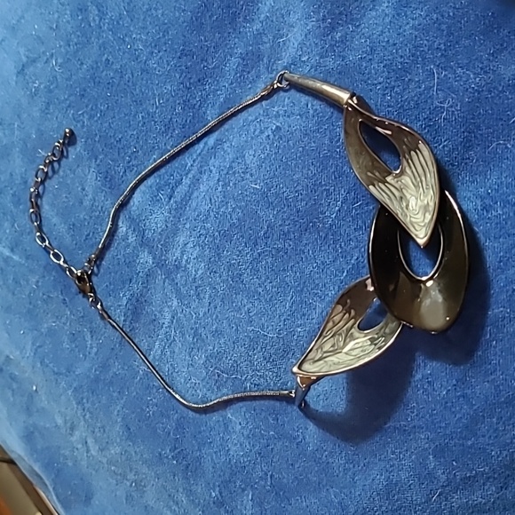 2/$12 Hematite coloured abstract necklace with black and gray enamel design - Picture 2 of 4